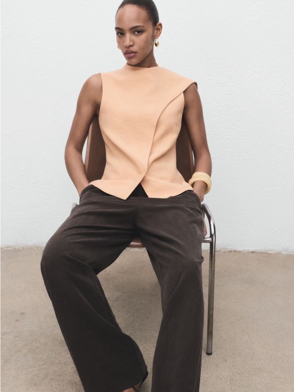 MANGO Set ! Peachy Nude Pants Set Sleeveless Tailored Wide-Leg Top Lyocell S/M - Picture 9 of 11